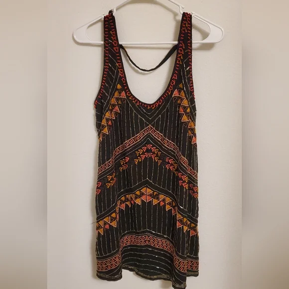 Free People Embellished Black Beaded Geometric Mini Shift Dress Festival Boho - Picture 3 of 6